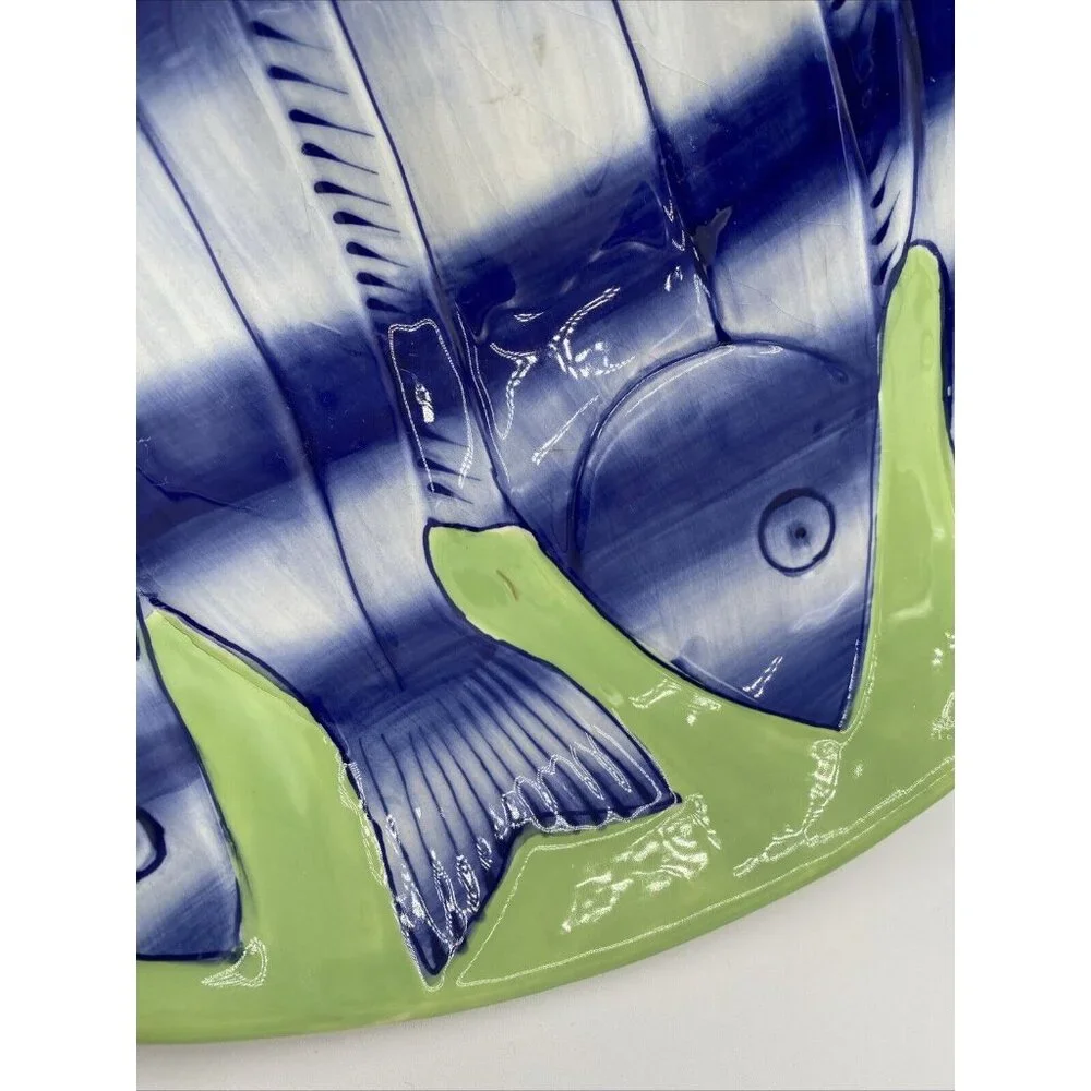 John Newdigate Ceramics West Elm Large Centerpiece Bowl Blue Green Fish 10.5”